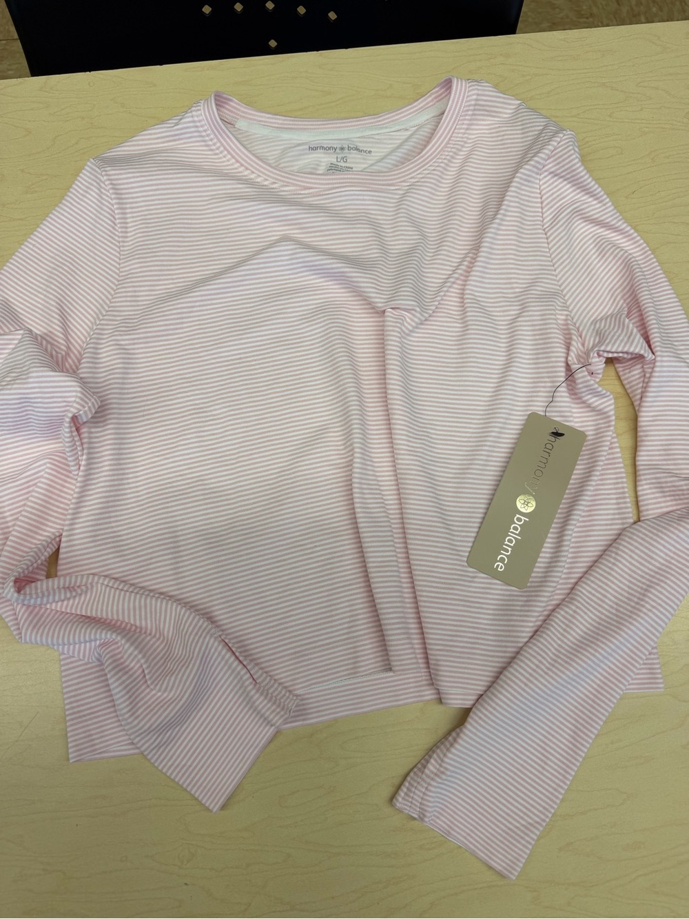 Harmony & Balance Soft Pink Striped Long-Sleeve Crew Tee